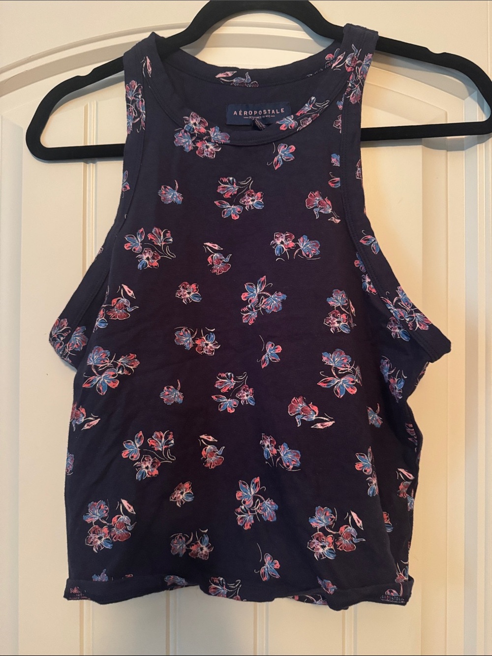Aeropostale Navy Floral Crop Tank with Pink & Blue Blossoms, New no tags, L